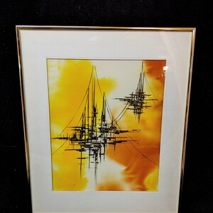Framed Gold and Black Abstract Painting | Brass Frame | Signed Tom Briesemeister | Wall Art