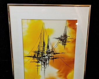 Framed Gold and Black Abstract Painting | Brass Frame | Signed Tom Briesemeister | Wall Art