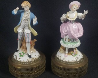 Antique 19th Century Paris France Samson Hand Painted Porcelain Man and Woman Gold Gilded Figurines Ornate Metal Pedestal Base
