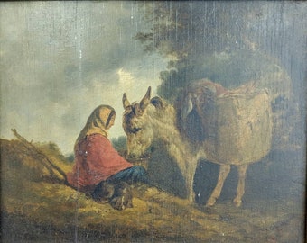 Antique George Morland (British 1764-1804) Woman Feeding Donkey Oil on Panel Framed Painting