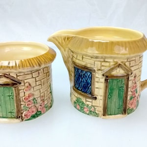 VTG 2 Pc. Sylvac England Majolica Pottery Thatched Roof Brick Cottage Creamer #4813 And Sugar Bowl #4814