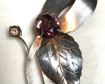 Vintage Sterling Silver Leaf Brooch Pin Purple Rhinestone