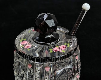 Antique Art Deco Cut Glass Jam Jar | Czech? | 1920s | Mustard Sugar Condiment | Glass Spoon | Brilliant Cut | Hand Painted Roses