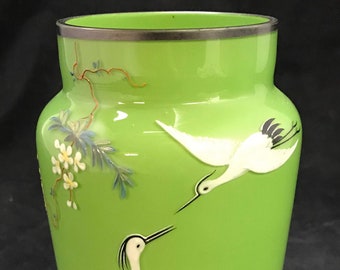 Czechoslovakia Green Cased Glass | Handpainted Enamel Storks | Vintage | Home Decor | Acid Marked