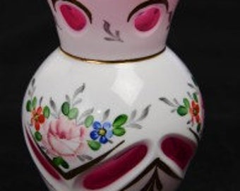 Vintage Czech Moser 4 3/4" Vase Cranberry White Cased Glass HP Gilded Flower Design