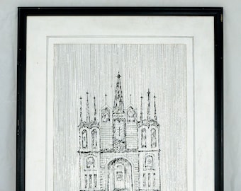 VTG Peinture originale réaliste à l’encre sur toile La cathédrale signée Wesley Pierson