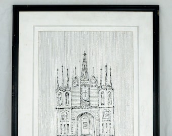 VTG Realistic Original Ink Painting On Canvas The Cathedral Signed Wesley Pierson