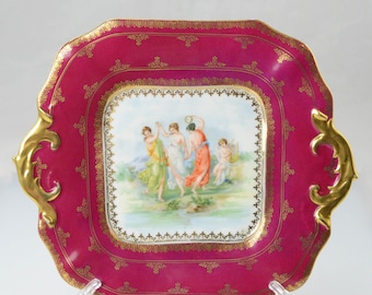 Vintage Royal Vienna Hand Painted Artist Signed Square Handled Cabinet Plate Grecian Women Cherub Scene