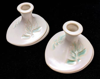 Vintage Mid Century Roseville Silhouette 751-3 Art Pottery Candle Holders | Ivory White Mint Green Semi-gloss