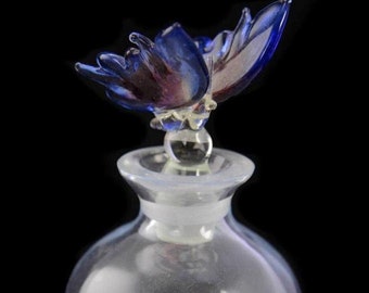 Light Blue Art Glass Perfume Bottle w/Blown Glass Butterfly Stopper Vintage Ref 9003