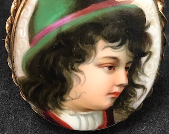 Lovely 2 1/4" Miniature Hand Painted Porcelain Victorian Portrait Brooch in Twisted Gold Frame and Pin Back