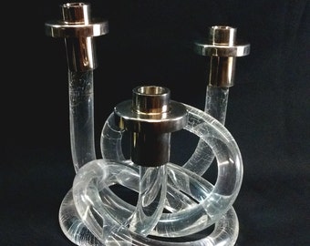 Dorothy Thorpe Pretzel Mid Century Lucite Triple Candle Holder Clear Twisted Mod Tree Candelabrum Candelabra