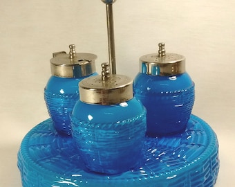 Antique Victorian Azure Blue Cased Glass Basket Weave Condiment Caster Set