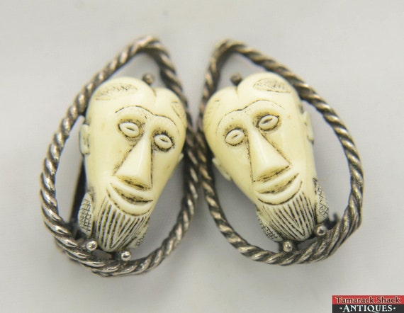 Rare Signed Selini Clip Earrings African Face Mas… - image 1