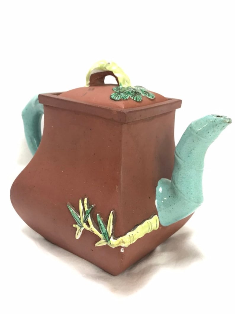 Antique Chinese Zisha Clay Teapot With Lid Raised Enamel Prunus Tree and Branches Impressed Mark Robins Egg Blue Spout and Handle Ref 20558