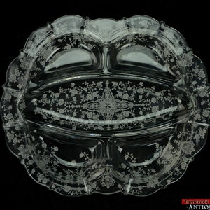 Etched Glass Cambridge Rose Point 5 Part Divided Celery Relish Dish Scalloped