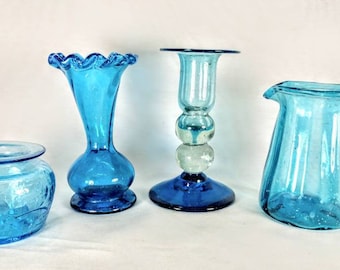 4 Pc. Blue Crackle Bubble Blown Art Glass | Candlestick | Vase | Pot | Pitcher