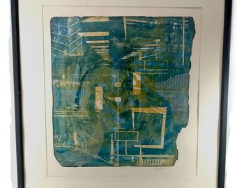 Vintage Artist Jeff Millikan Minnesota Native Mid Century Fine Art Original 1/1 Printmaking Abstract In Cobalt Blue Tan