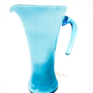 Beautiful Hand Blown Cased Art Glass Pitcher Vase | Blue & White | Applied Handle | 10.5&quot; Tall