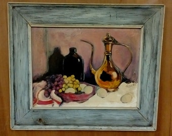 Vintage Mid-Century Textured Oil Painting Still Life Signed Trudeau Gray Rustic Barn Frame
