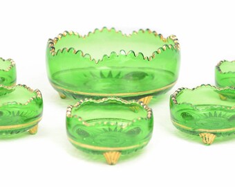 6 Pc Victorien EAPG Riverside Emerald Green Gold Gild Esther Tooth & Claw Glass Berry Bowls
