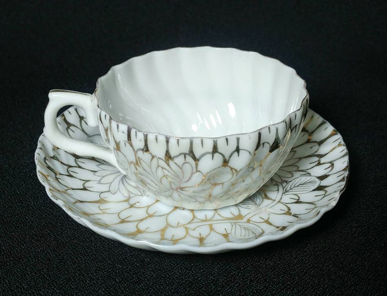 Translucent China Cup and Saucer Beautiful Swirled Fluted Pattern Design is all Gilding Unmarked 3 Dia Cup Ref 19516