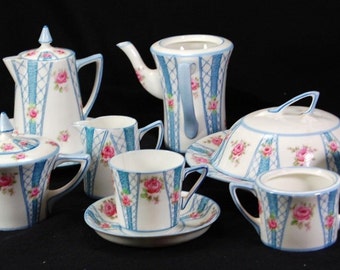 c1909 Service à thé « Gainsborough » HM Williamson & Sons Pot à crème en sucre 13 pièces Roses Bleu
