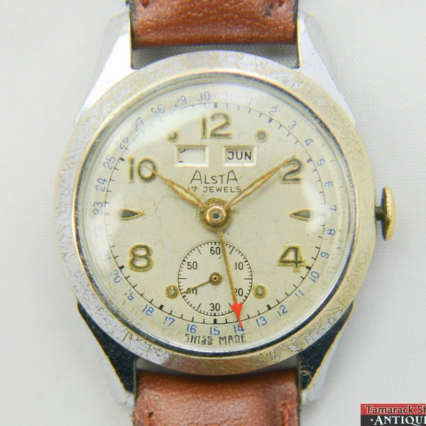1940s-50s Alsta Triple Date Swiss Venus 204 Wrist Watch Runs for Repair