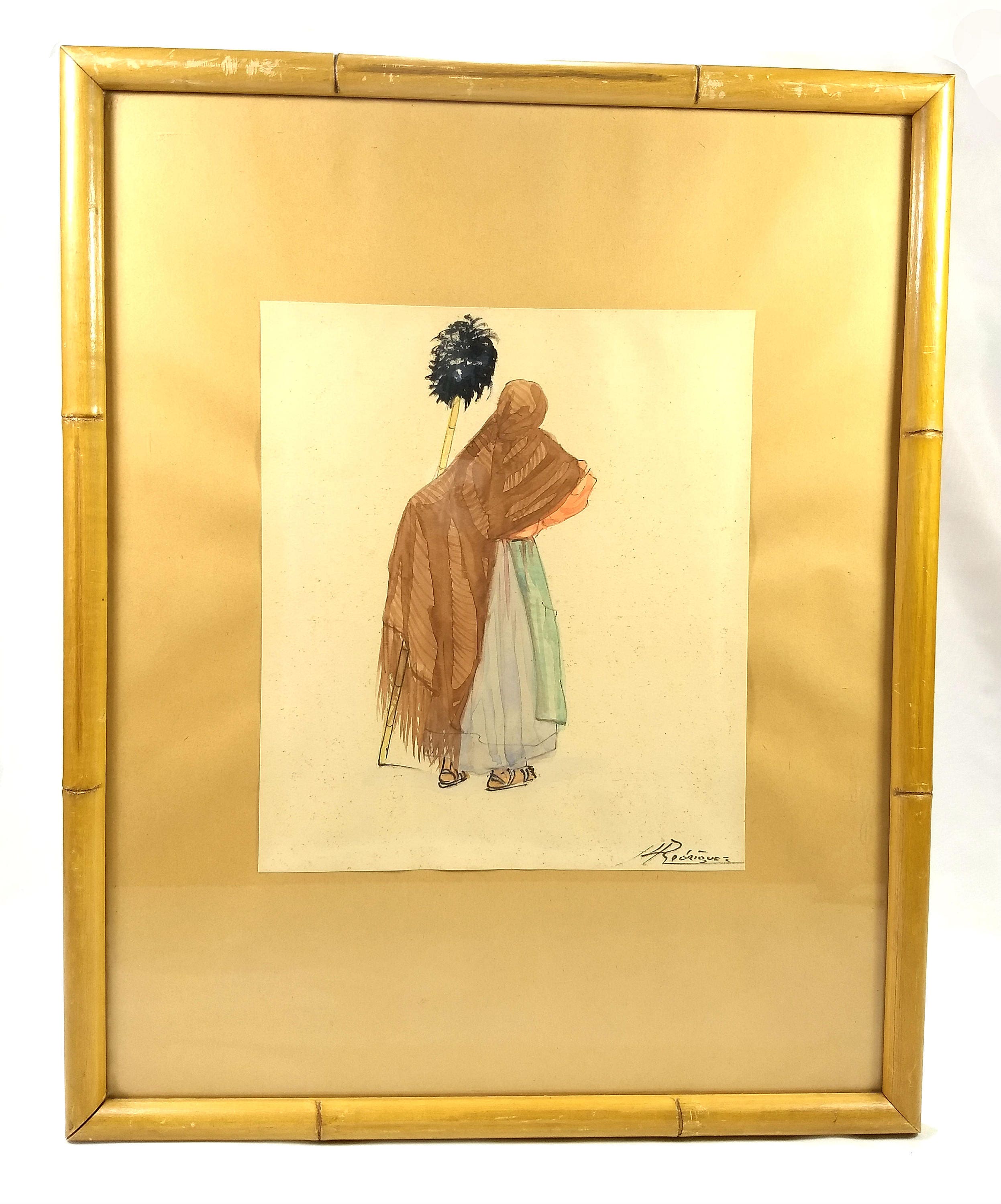 Vintage Original Watercolor Painting Artist Signed Rodriquez Wood Bamboo Frame Middle Eastern Women