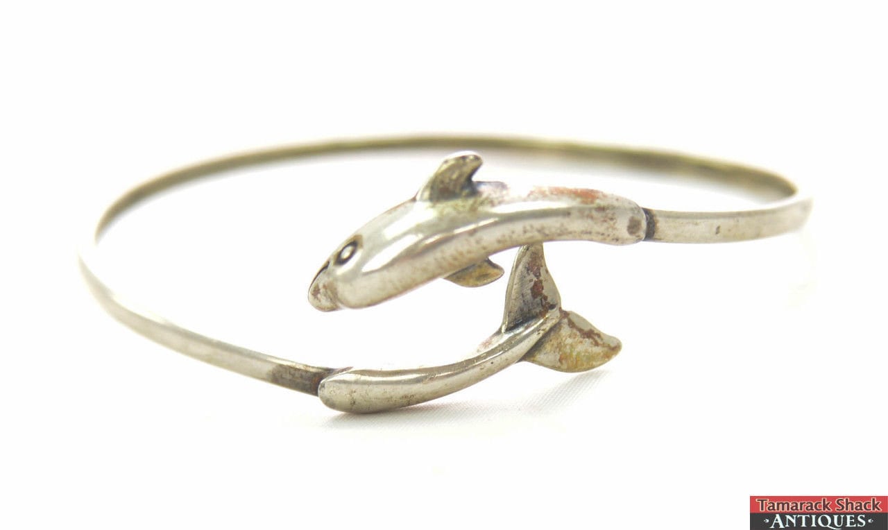 Bracelet Jonc Vintage En Argent Massif Sterling | Motif Dauphins | Occasion Bon état
