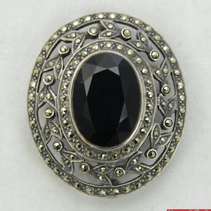 Vintage Sterling Silver .925 Black Onyx Marcasite Filigree Pin Brooch 1 5/8&quot;