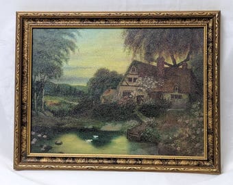 Antique Oil Painting N. Hughes Gorgeous Gold-Toned Frame Finely Detailed Cottage Flowers, Pond, Ducks