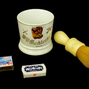 19th Century Antique Porcelain Occupational Butcher Shaving Mug w/ Brush & Blades