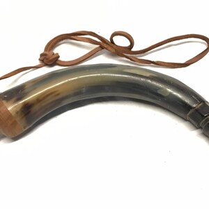 Vintage Carved Powder Horn | Wooden Cap | About 12&quot; Long | Leather Thong/Strap