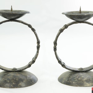 VTG Pair of Art Deco Metal Round Unique Forged Candlestick Candle Holders