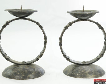 VTG Paire de bougeoirs ronds uniques en métal forgé Art Déco