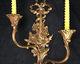 Syroco Candle Sconce with Gold Tone Floral Design | Hollywood Regency Style | Syracuse, New York | Spiral Twisted Taper Candlesticks