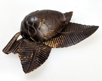 VTG Hand Carved Arts and Crafts Black Forest Pinecone on Leaf Wooden Desk Inkwell Pen Rest Original Ink Bottle