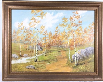Finely Framed Autumn Birches Walking Trail Original Oil Painting by Known Artist Fern Lord Herring