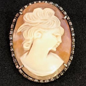 Antique Victorian Shell Cameo Pendant Brooch | Hand Carved | Sterling? Silver Bezel
