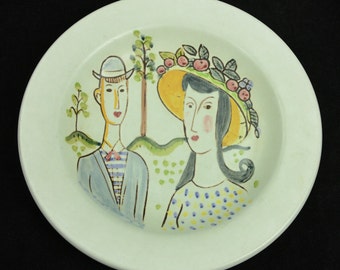 VTG Rorstrand Suède bol peint à la main homme femme fille couple arbre fruitier