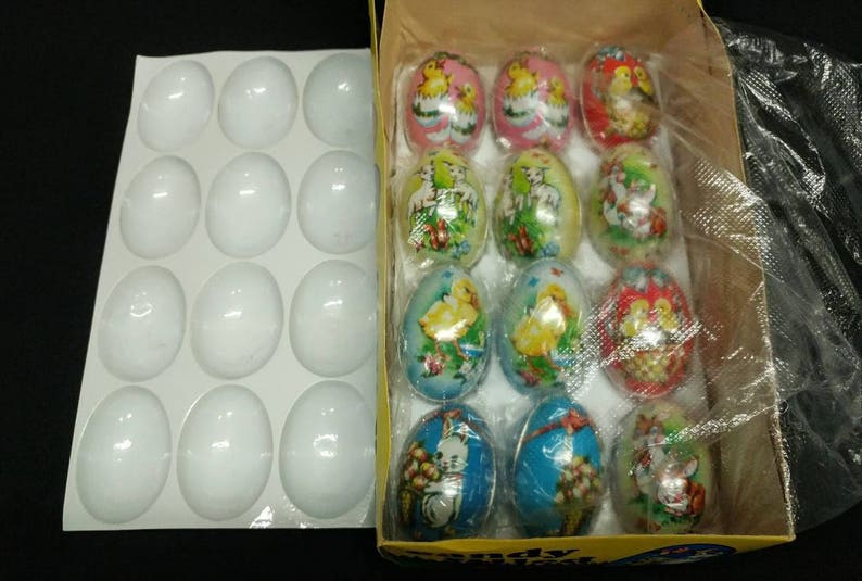 NOS 12 Egg Tins Unopened Imported Decorative Reusable Filled Easter Egg Tins in 24 ct Display Box British Crown Colony of Hong Kong 19550 image 3