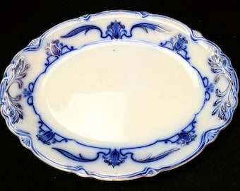 Vintage 14.25&quot; Victorian Porcelain W. H. Grindley Co. England Flow Blue Gilt Meat Serving Platter