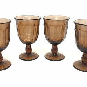 Set of 4 Vintage Noritake Provincial Brown Smoke Water Goblet Stemware Drinking Glasses | 1970s 1980s | Japanese Barware