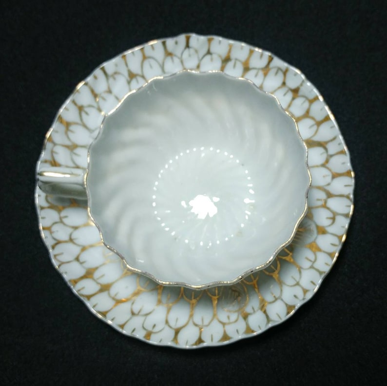 Translucent China Cup and Saucer Beautiful Swirled Fluted Pattern Design is all Gilding Unmarked 3 Dia Cup Ref 19516