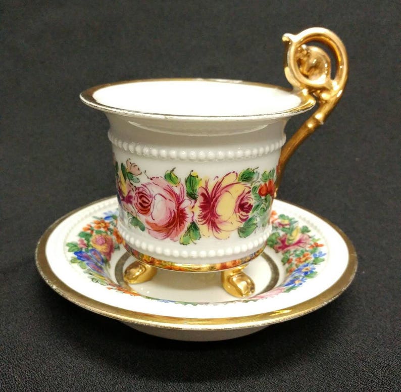 19th Century French Sevres Hand Painted Large Cabinet Cup and Saucer Floral Gold Gilt Pattern Crossed L S Mark France 18903