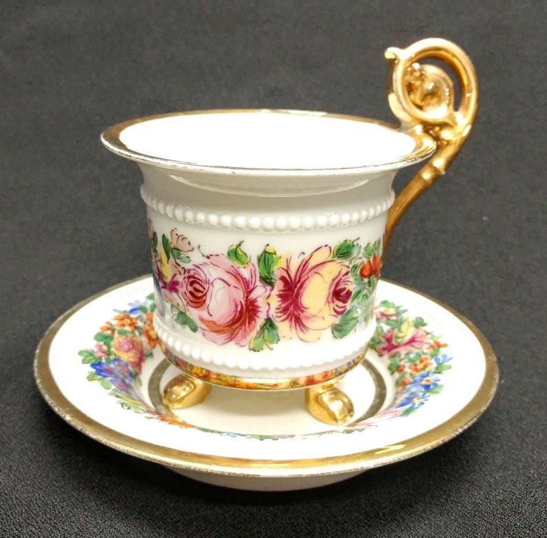 19th Century French Sevres Hand Painted Large Cabinet Cup and Saucer Floral Gold Gilt Pattern Crossed L S Mark France 18903