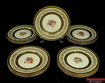 13 Pc. Antique Edgerton Porcelain 10.5" Dinner Plates E206-500 Gold Encrusted Floral Border Cobalt Blue Bands