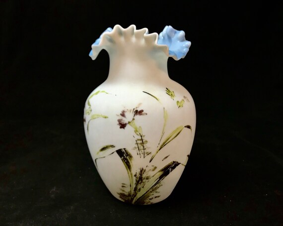 Antique Victorian White Satin Glass to Blue Ruffled Vase | Floral