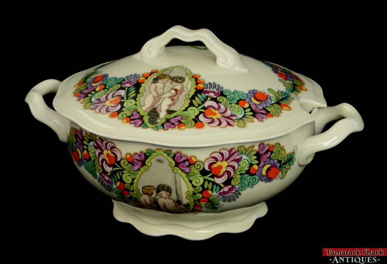 VTG Pirkenhammer Carlsbad Tureen Colorful Floral Children Scene Rare
